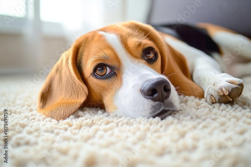 close-up of a brown and white beagle dog lying on a soft cream carpet looking calmly with expressive eyes