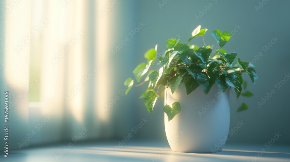 Fototapeta premium Indoor plant in pot, sunlight through window, calm, home, nature, interior, peaceful, morning light