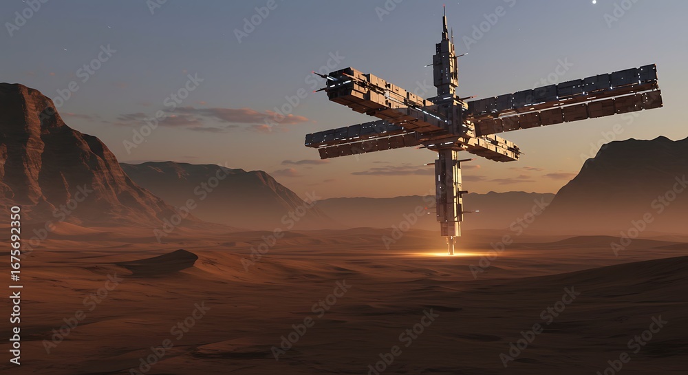 Obraz premium Futuristic space station glowing in wide desert landscape, mountains towering behind in breathtaking natural scenery