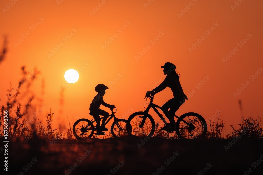 Fototapeta premium Happy mother and son riding bicycles together at sunset in an outdoor setting surrounded by nature