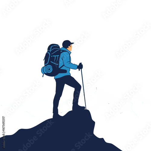 A hiker, silhouetted against a dark background, stands atop a rocky summit, gazing at snow-capped mountains.