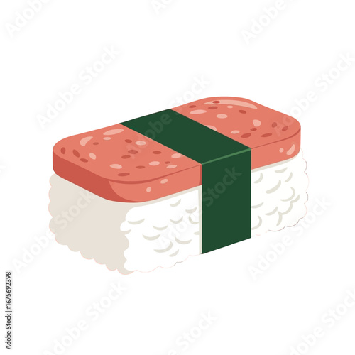 A stylized, colorful illustration of a Spam musubi, showcasing the layered components and vibrant hues.