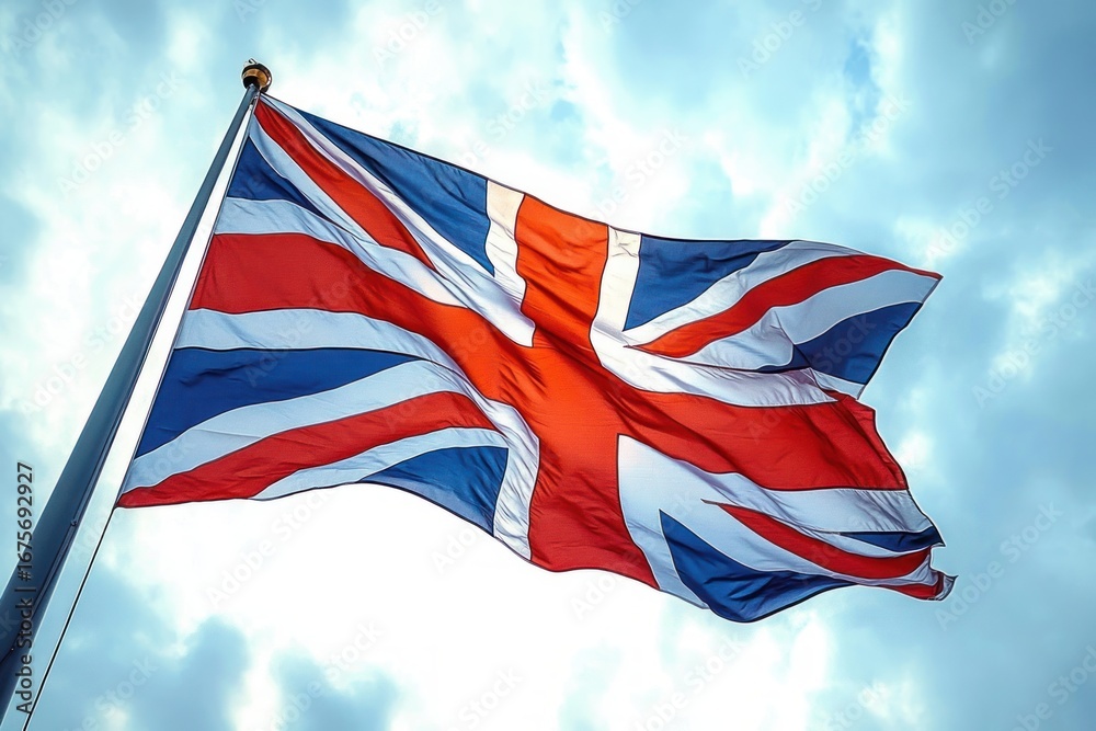 Obraz premium Union Jack flag waving dynamically against a bright cloudy sky, symbolizing patriotism and national pride