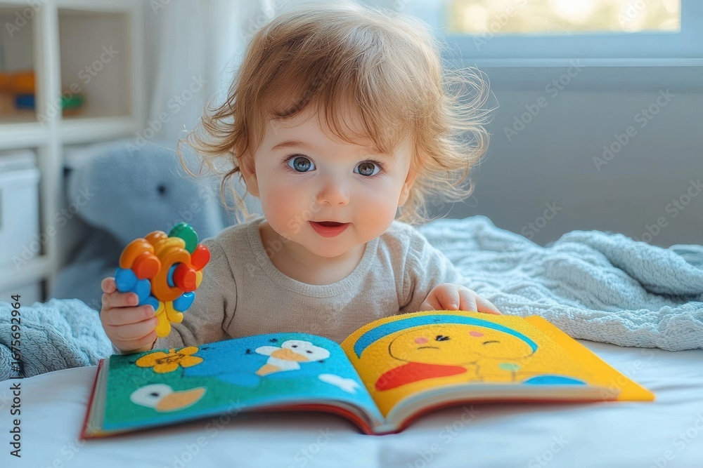 Fototapeta premium curious baby sitting on bed holding colorful toy and looking at a brightly illustrated children's book with animal characters in a cozy, naturally lit room