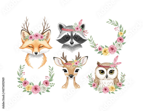 Cute collection of boho woodland animals with flower crowns for nursery art and decor