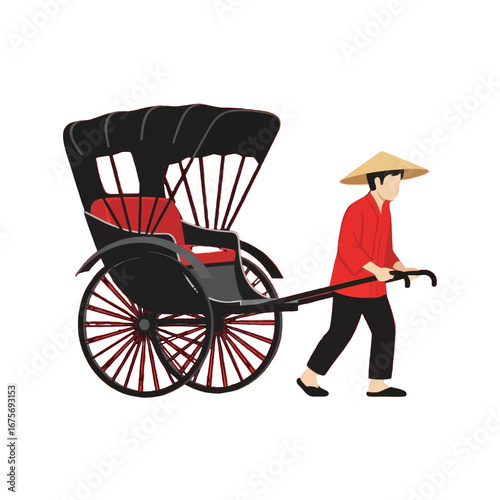 A traditional rickshaw, pulled by a person in a red outfit, against a black background, showcasing simple yet elegant design elements.