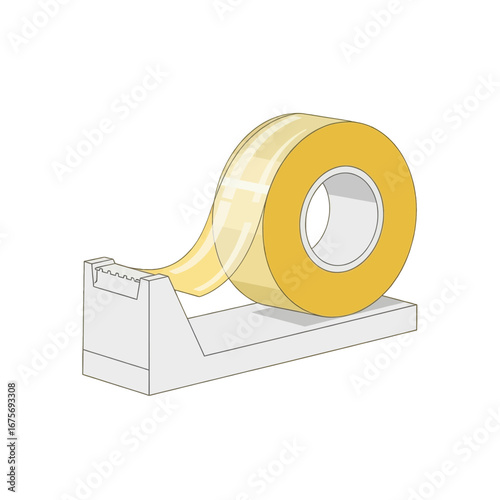 A roll of transparent adhesive tape is unwound from its dispenser, displaying a light yellow backing.