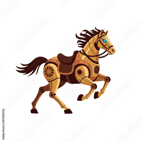 A steampunk-inspired mechanical horse, detailed in warm golds and browns, is depicted in dynamic motion against a stark black background.