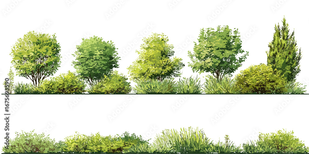 Obraz premium Green Bushes and Trees Vector Set – Realistic Foliage Collection for Landscape Design on White Background