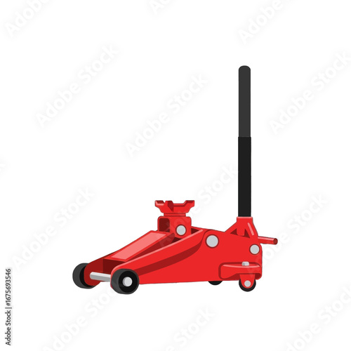 A red car jack illustrated against a black backdrop, showcasing its mechanical design and sturdy construction.