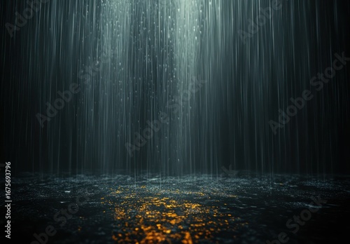 Heavy rain falling on wet surface illuminated by warm glowing light under dark moody atmosphere
