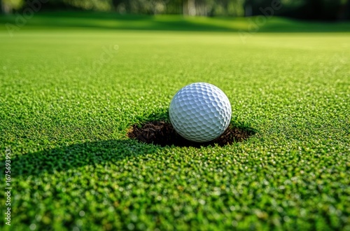 close-up of a white golf ball resting on the edge of a hole on a lush green golf course under bright sunlight