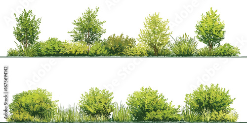 Green Bushes and Trees Vector Set – Realistic Foliage Collection for Landscape Design on White Background