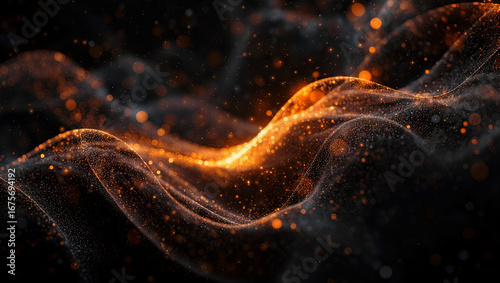 Fototapeta Naklejka Na Ścianę i Meble -  Futuristic orange light streaks and sparkling dust in a dark space - abstract background