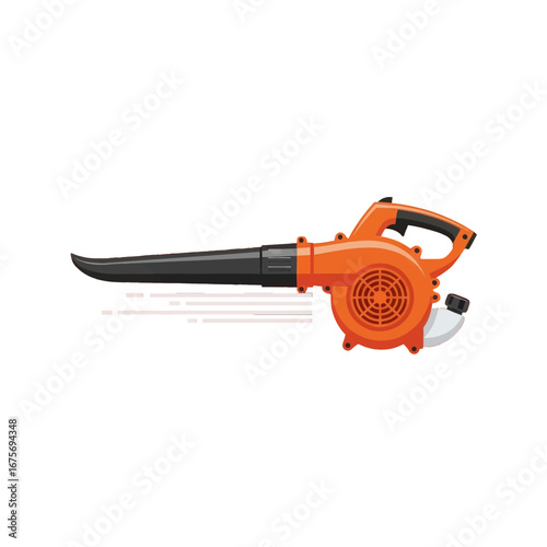 A bright orange leaf blower illustration depicts powerful airflow.