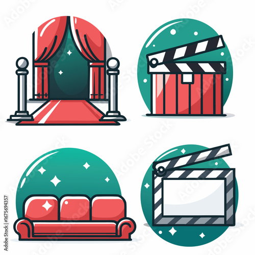 Movie icons  red carpet, clapperboard, and a red couch