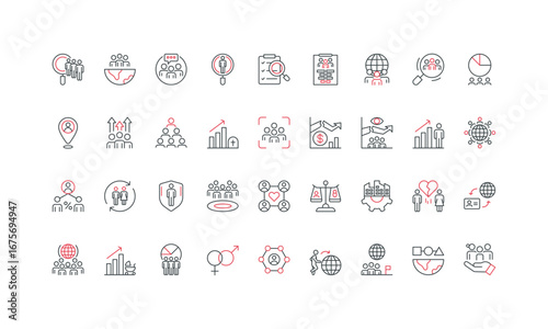Population, citizens census and world community, migration, demographic research line icon set. Diversity, density and overpopulation, gender thin black and red outline symbols vector illustration