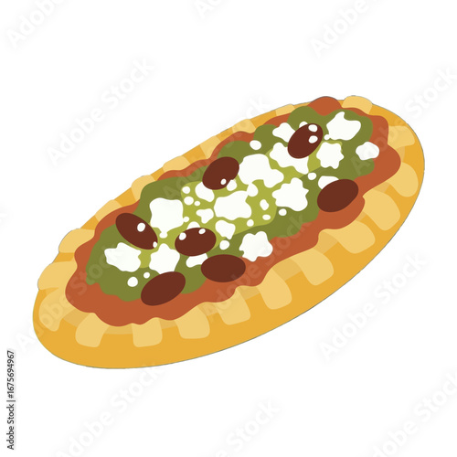 An illustration of a flatbread topped with a colorful mixture of guacamole, cheese, and olives.