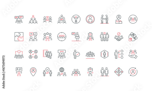 People, person and team, relationships in group and crowd, culture line icon set. Queue and leadership, handshake of partners, staff management thin black and red outline symbols vector illustration