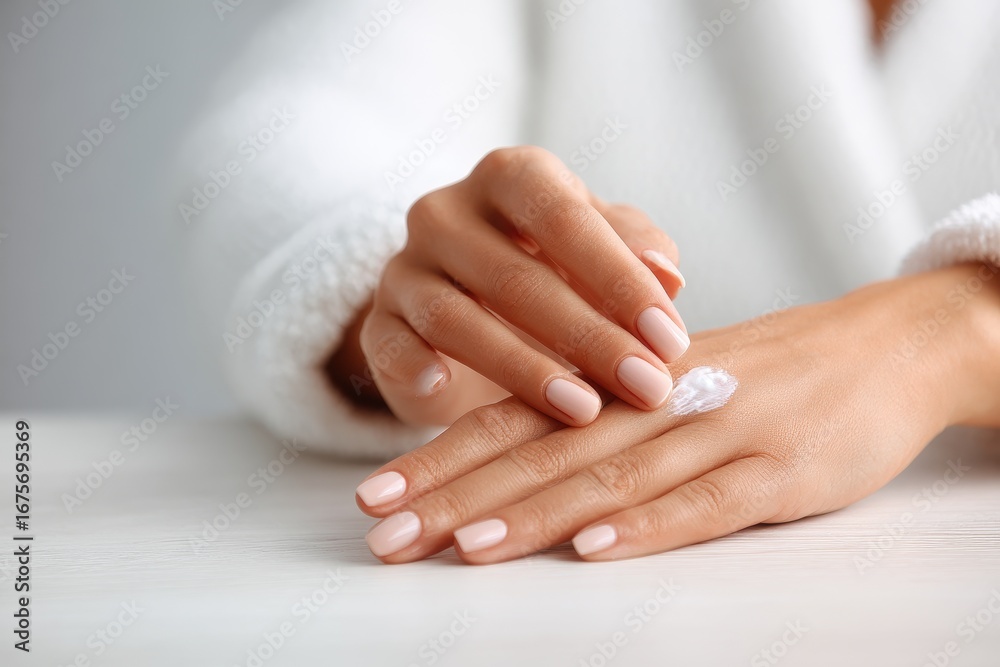 Fototapeta premium Dermatologist applies soothing cream to a patient's hand in a well-lit clinic setting during a skincare consultation
