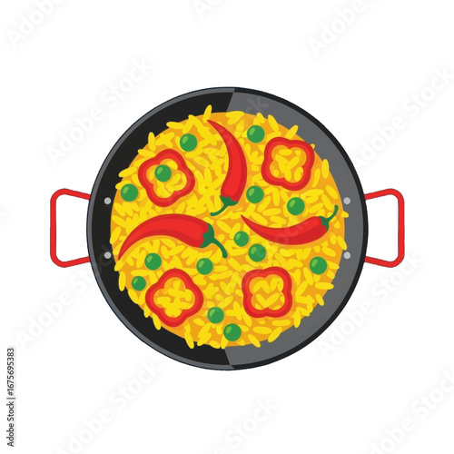Colorful paella dish, showcasing a vibrant array of yellow rice, red peppers, green peas, and red chili peppers, presented in a black pan with red handles.