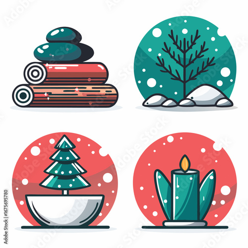 Winter scene with stones, logs, trees, candle