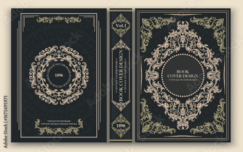 Vector. Elegant vintage ornamental cover. Black background with golden elements. Stylish and strict composition, suitable for classic works or collectible editions.