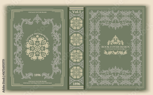 Vector. Vintage book cover with decorative ornament in rococo style. Delicate olive and cream tones create the atmosphere of an old edition and are ideal for retro projects.