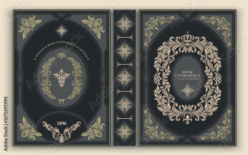 Vector. Elegant vintage cover with a baroque gold pattern and an oval frame on a dark background. Ideal for retro design, historical and art publications. Luxurious classic, emphasizing premium.