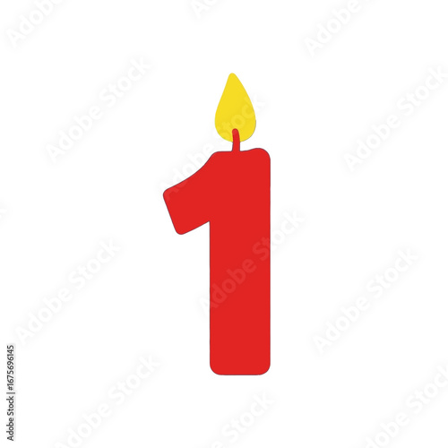 A simple, red candle in the shape of the number one, lit with a small yellow flame, set against a pure black background.