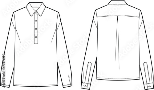 Men’s long sleeve shirt with collar, button placket, cuffed sleeves, back pleat detail, front and back view, CAD drawing flat vector illustration