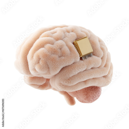 Fluffy 3D brain with computer chip isolated on transparent background