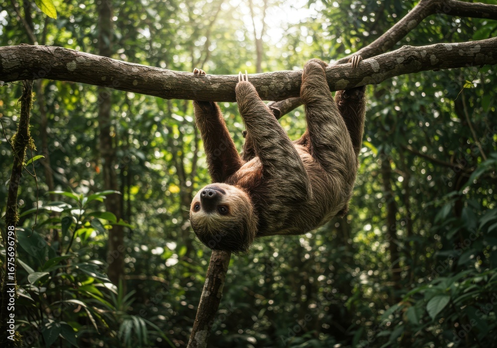 Fototapeta premium Sloth hanging upside down on a tree branch in lush green rainforest