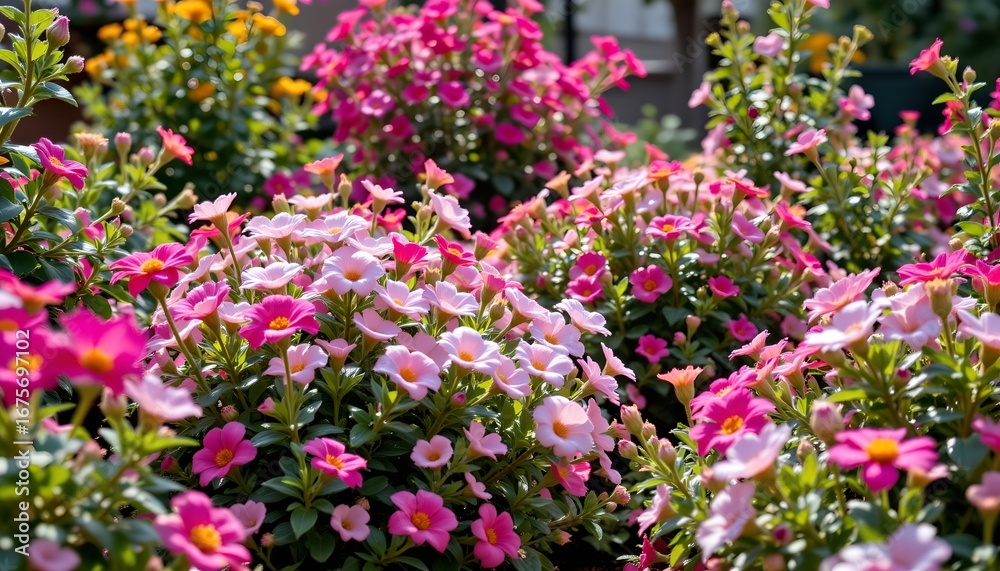 Fototapeta premium Vibrant Garden Scene with Blooming Flowers and Bright Sunlight