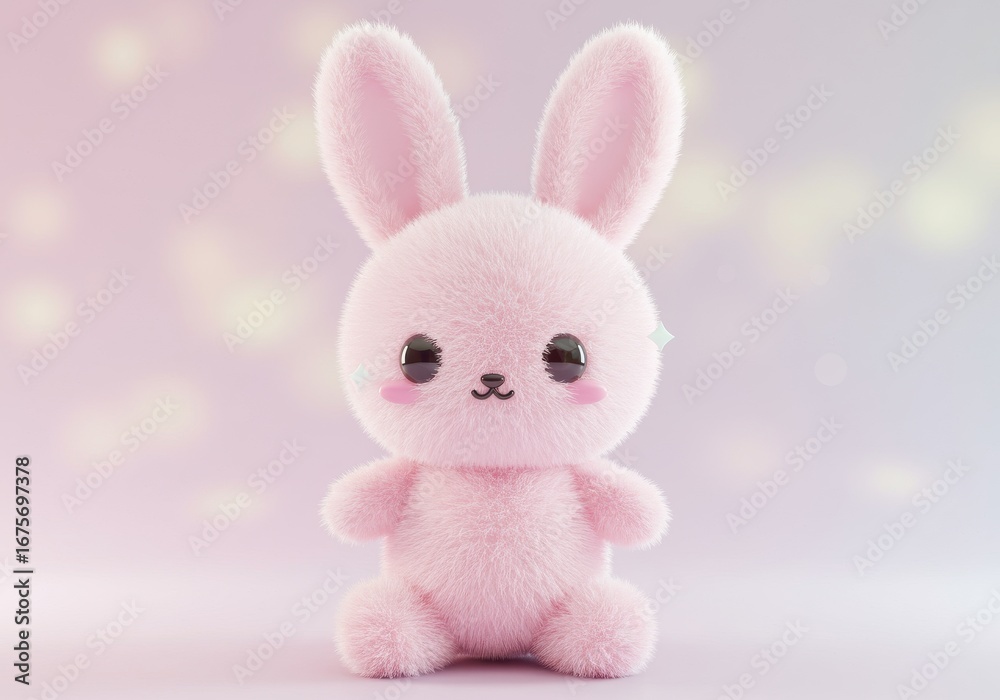 Obraz premium Soft pink plush bunny toy with large black eyes on a bokeh background
