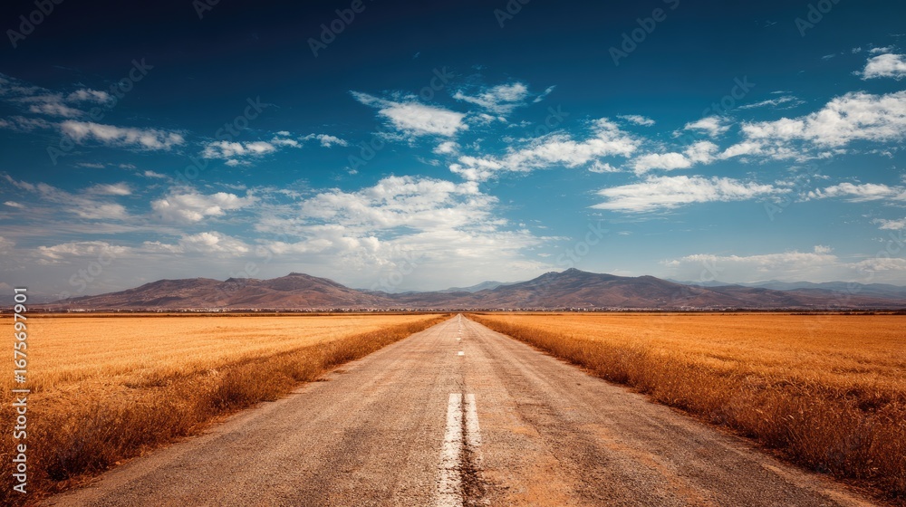 Naklejka premium Serene Open Road Through Golden Fields Under Blue Sky with Soft Clouds and Distant Mountains in a Tranquil Landscape