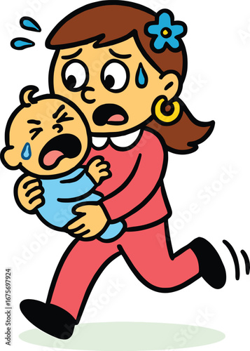 Stressed Mother Rushing with Crying Baby, Depicting Parental Challenges, Exhaustion, and the Demands of Early Parenthood.