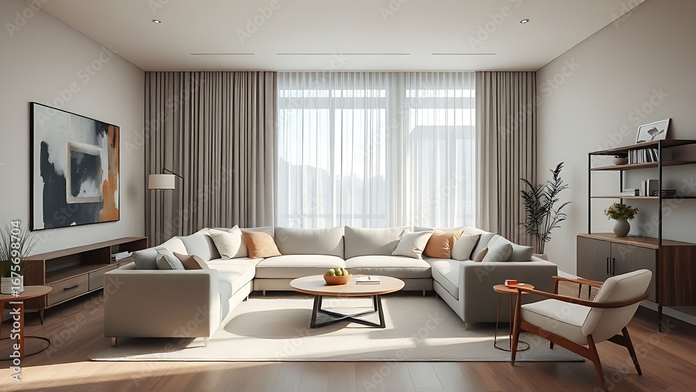 Fototapeta premium Scandinavian-inspired living space with neutral tones and abstract art, radiating modern comfort.