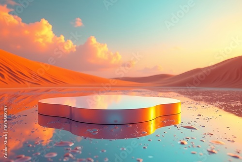 Surreal futuristic podium reflecting sunset sky in calm water landscape