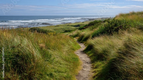 Serene Coastal Trail with Lush Green Grasses and Scenic Ocean View Under Clear Blue Sky