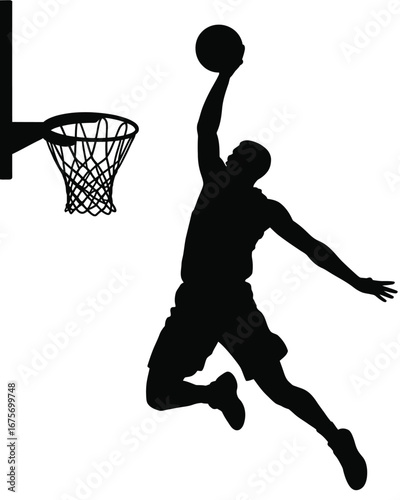 Dynamic basketball player dunking silhouette vector illustration for sports graphics silhouette vector illustration white background