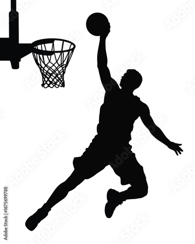 Dynamic basketball player silhouette dunking with hoop vector illustration for sports graphics silhouette vector illustration white background
