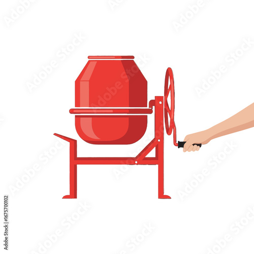 A red manual concrete mixer is depicted against a black background, with a hand visible, suggesting operation.