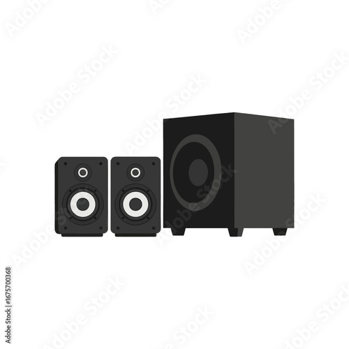 A black sound system with two satellite speakers and a subwoofer, ideal for home theater.