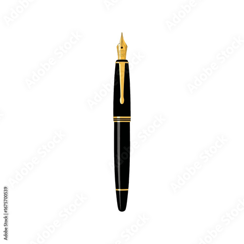 Elegant black fountain pen with gold accents, centered against a plain black background.