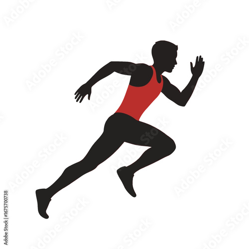 A dynamic silhouette of a runner in motion, showcasing athleticism and speed.  The figure, in a vibrant red athletic suit, is set against a stark black background, emphasizing the form and action.
