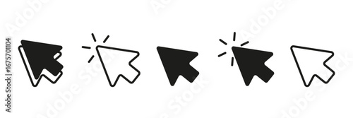 Cursor icons set in various arrow forms. Mouse click cursor collection with different designs. Computer pointer and click icons in gray arrow styles. Vector illustration of cursor symbols for UI