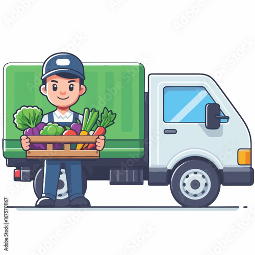Vegetable pickup truck driver with simple and minimalist flat design using white background