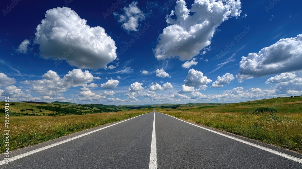Fototapeta premium Open Road Stretching Through Lush Green Fields Under a Blue Sky with Fluffy White Clouds