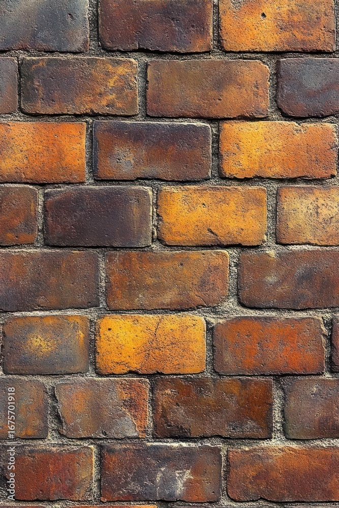 Fototapeta premium Close-up view of an aged brick wall with weathered orange and dark brown bricks showing texture and rough mortar lines